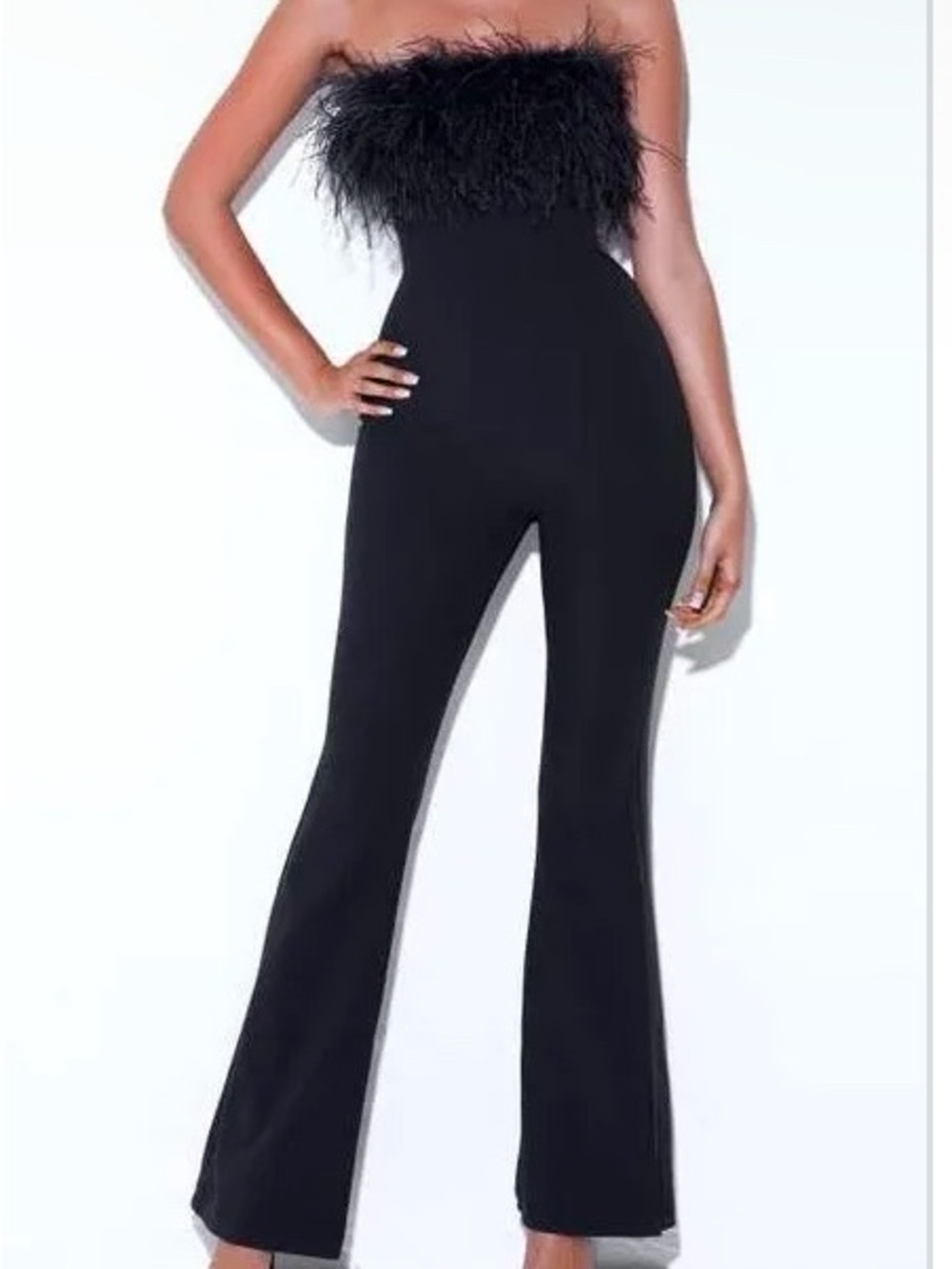 Strapless Feather-Trim Black Flare Jumpsuit